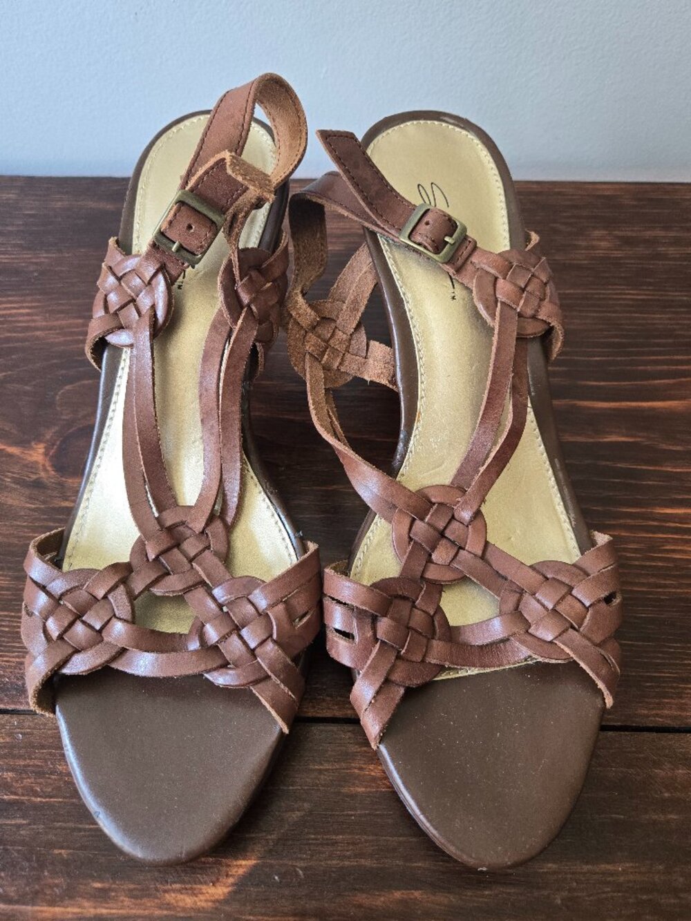 Solanz Woven Leather Strappy Heeled Sandals Brown Size 9
